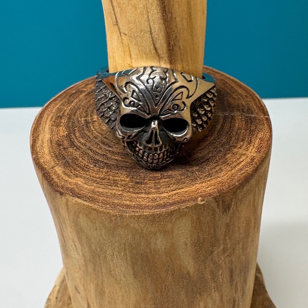 Gothic Skull and Wings Statement Ring Silver Tone Biker Punk Size 13